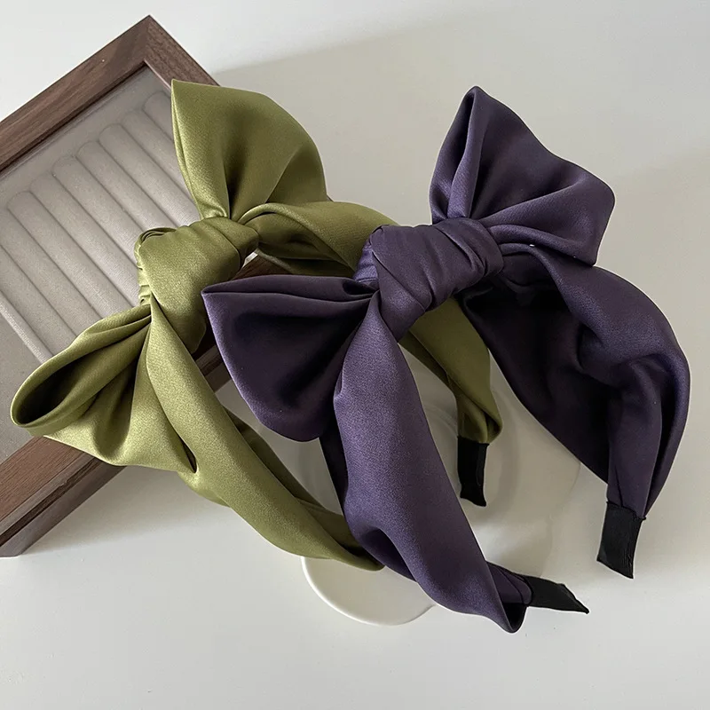 Korean version of green purple satin bow headband pressure hair reduction age cute wide-brimmed headband hair accessories