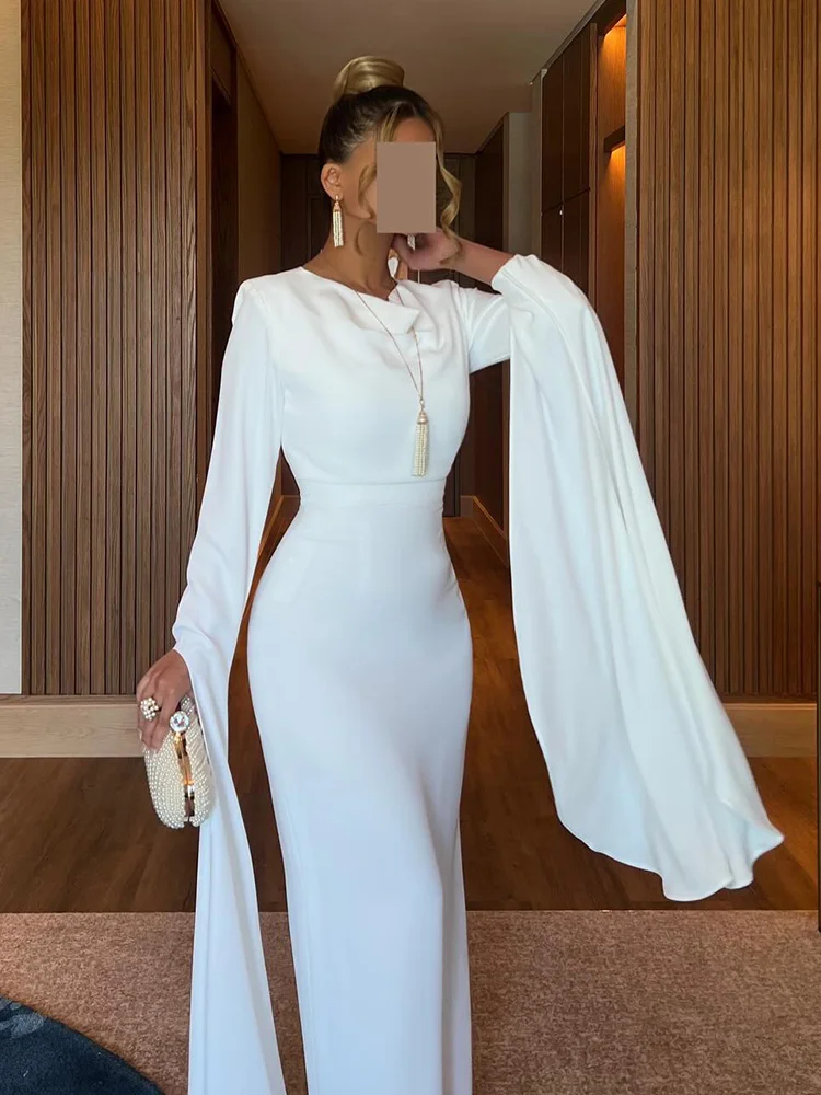 Jirocum White Simple Evening Gown for Women Long Sleeve O Neck Mermaid Party Prom Dress Ankle Length Formal Occasion Dresses