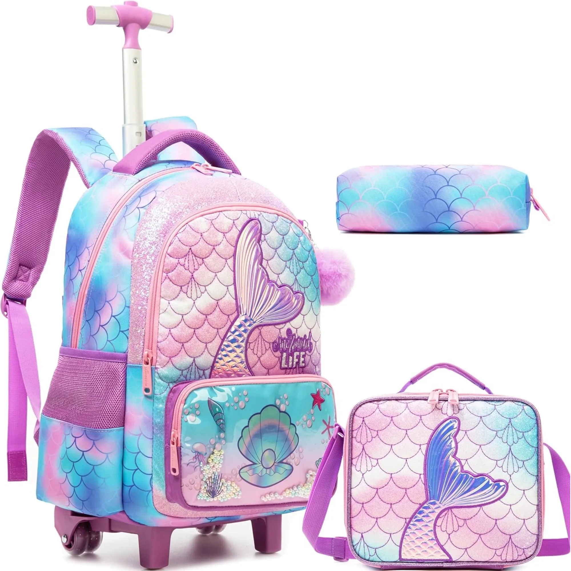 Cute Mermaid Rolling Backpack for Girl Kids Travel Suitcase with Wheels Elementary Student Carry on Luggage Boys Roller Backpack