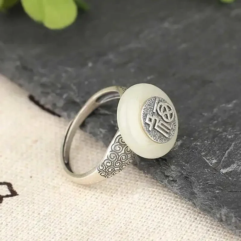 New Sterling Silver Fu Character Enamel porcelain Agate Peace Buckle Retro Charm Romantic Women Opening Adjustable Ring