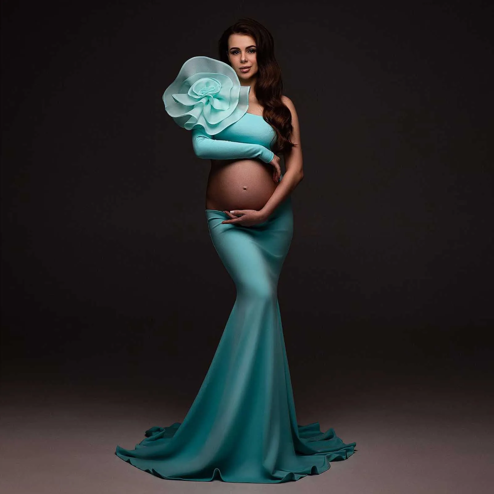 Elegance 3D Flower Mermaid Maternity Dress Photoshoot платье для беременных One Shoulder Cut-out Unique Baby Shower Dresses
