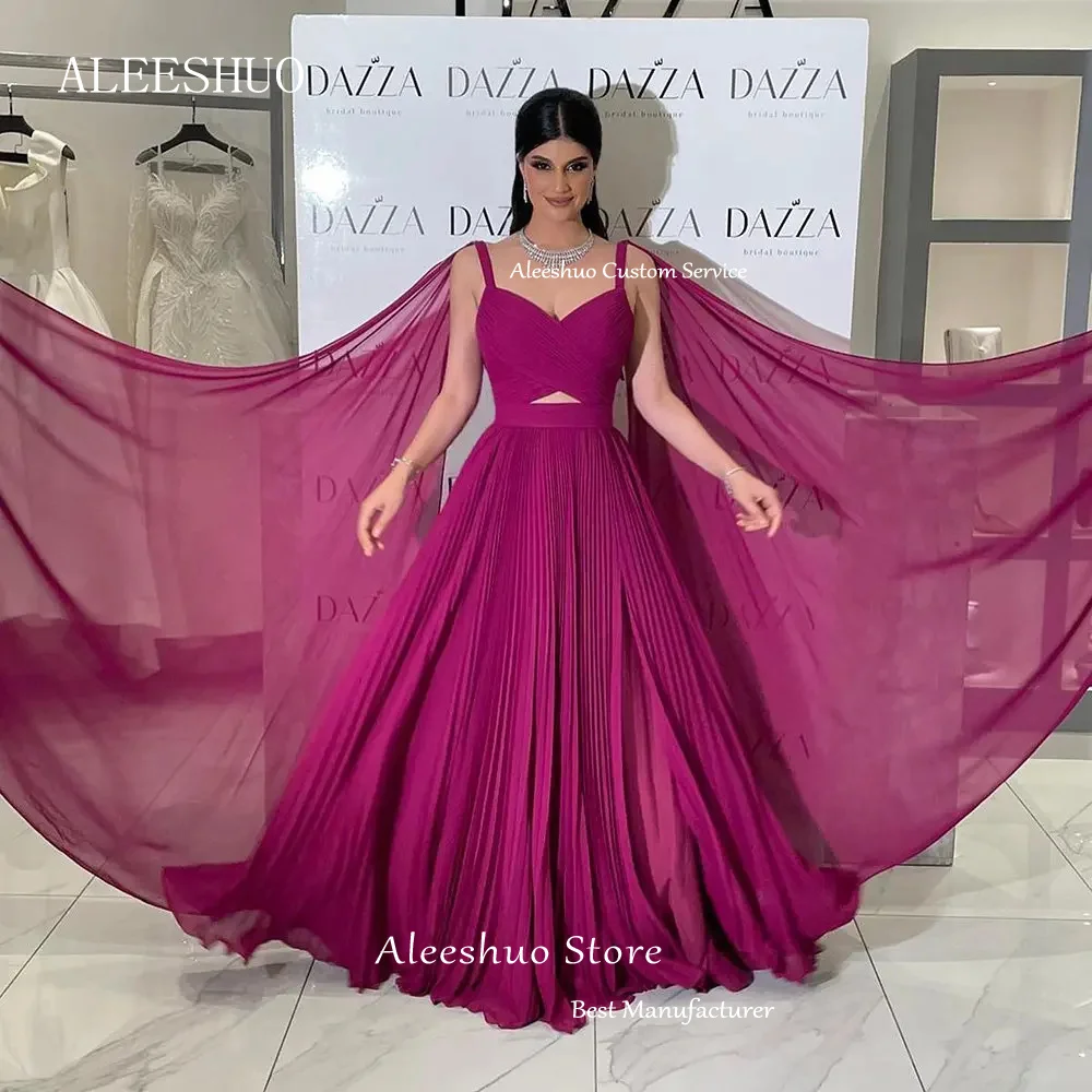 Aleeshuo Fuchsia Draped Chiffon Formal Evening Dresses Long Cape Sleeves Straps Saudi Arabic Women Prom Gowns Dubai Party Dress