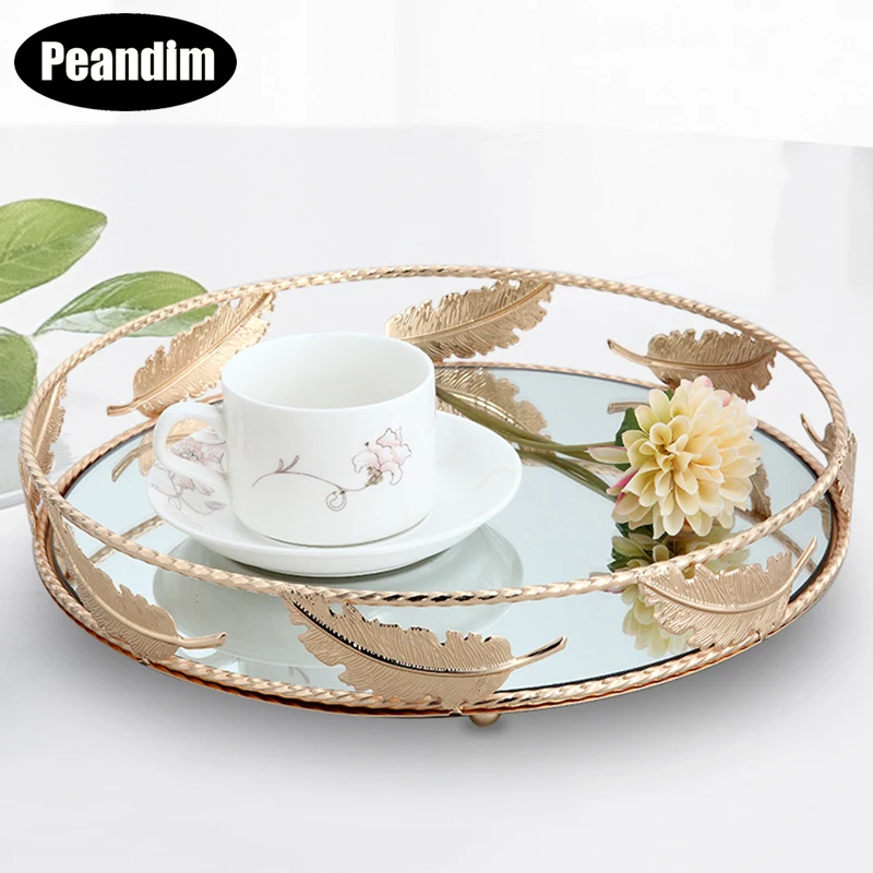 PEANDIM minimalistyczne okrągłe lustro taca pulpit kosmetyki biżuteria taca Wedding Party wyświetlacz salon deser domowy