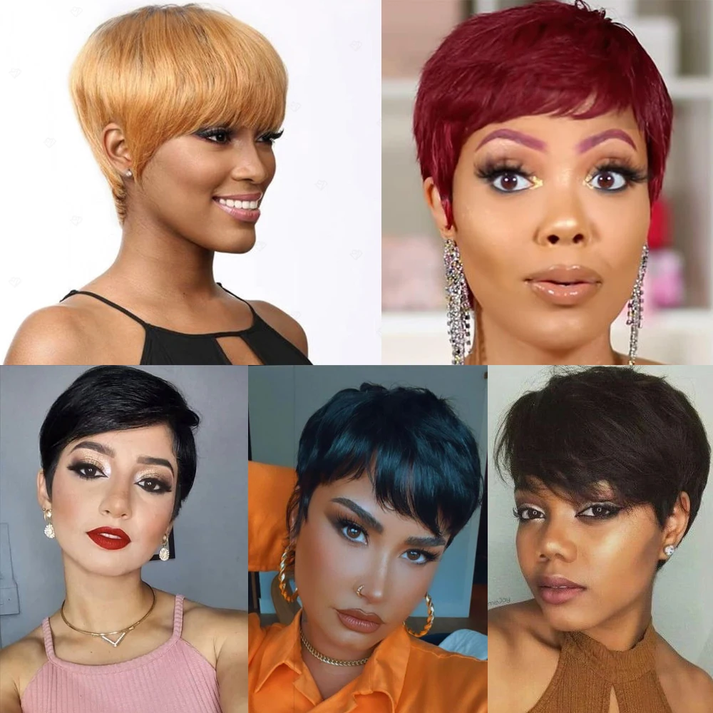 Pixie Cut Human Hair Wig Short Straight Golden Blonde Layered Full Machine Made Wig 100% Remy Human Hair for Black Women Natural