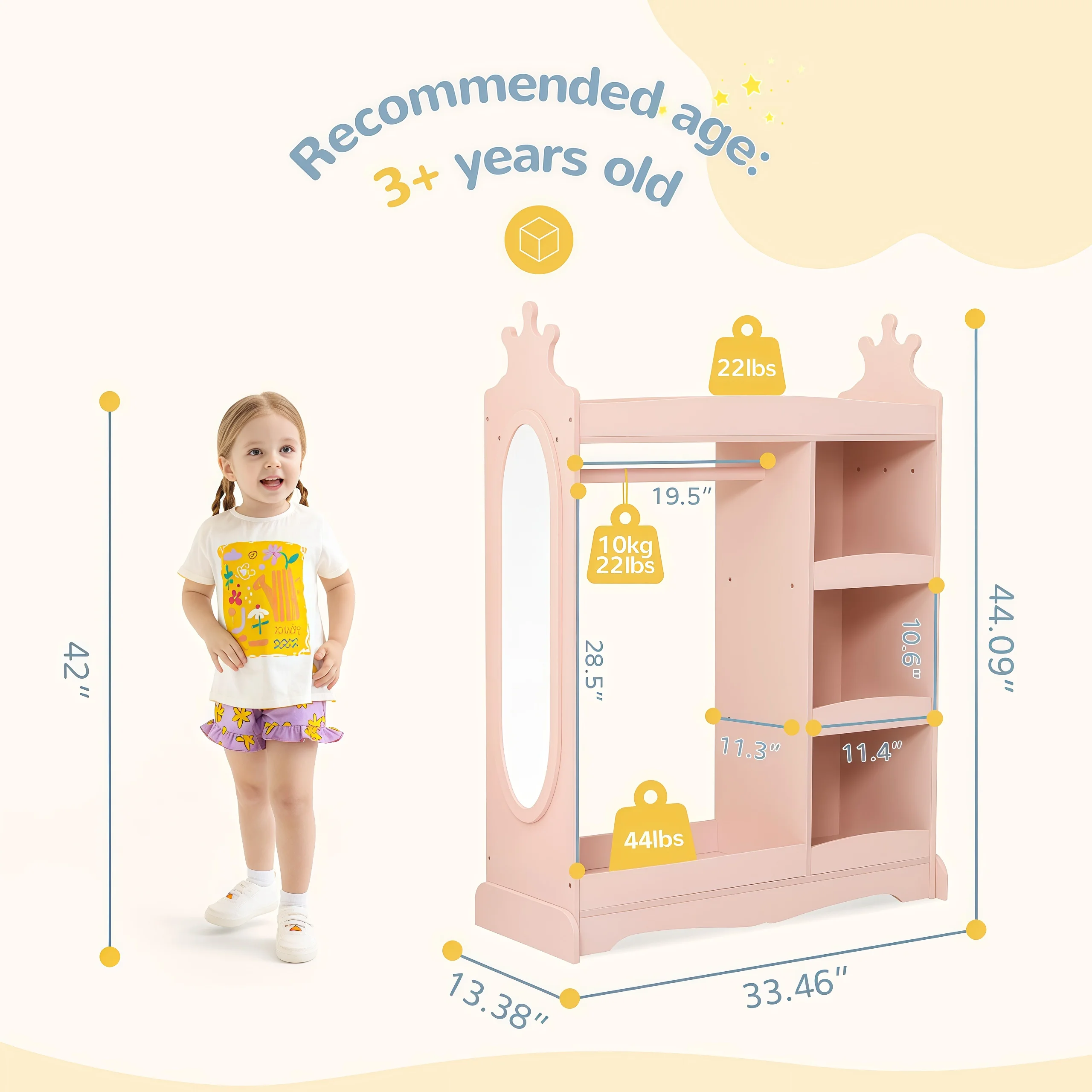 Wooden Montessori Pink Kids Girl Small Size Kids Clothes Wardrobe Nursery Room Storage Organiser Cabinet with More Shelf