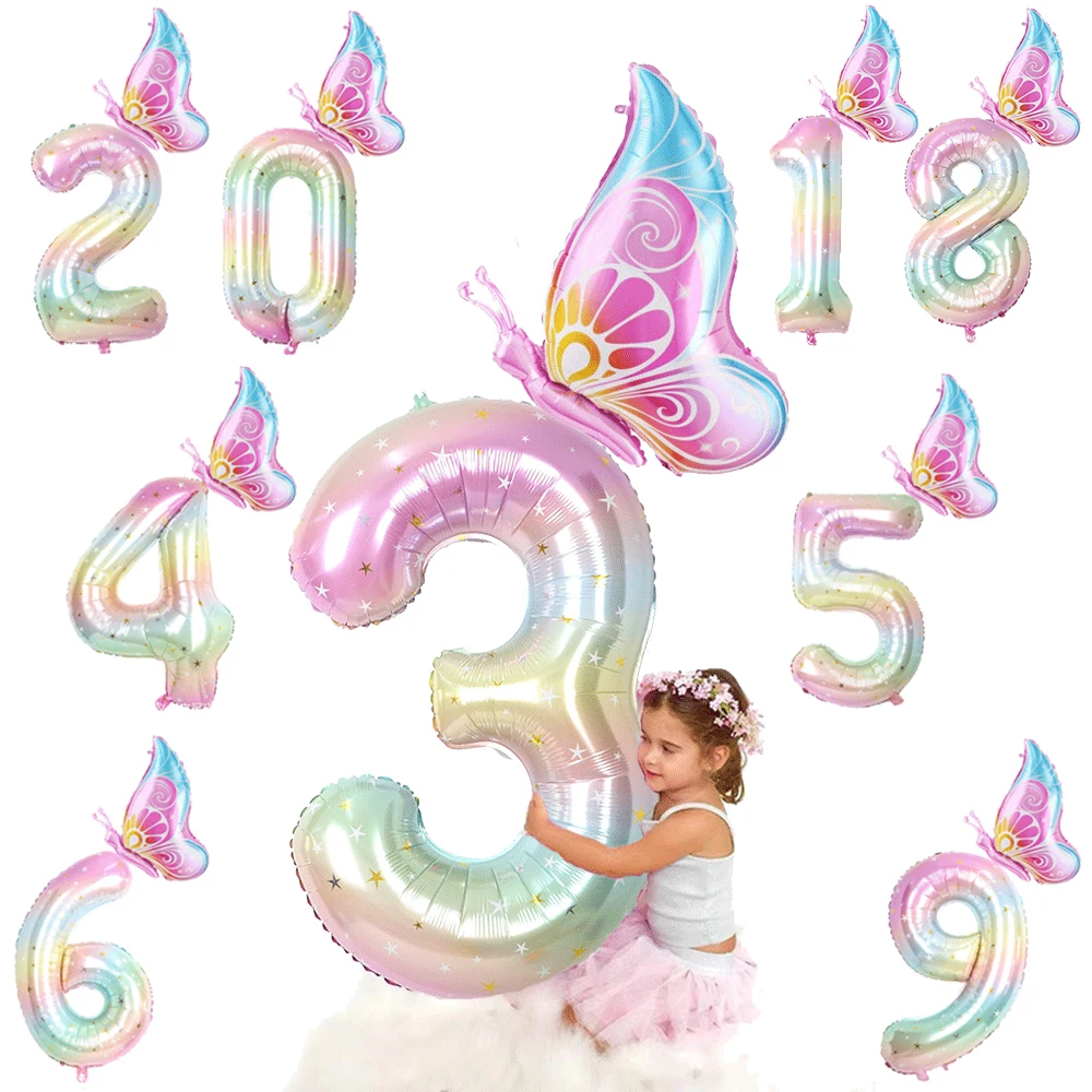 40inch Gradient Colorful Big Number 1-9 Foil Balloon Pink Butterfly Balloons for Girls Fairy Birthday Decoration Party Supplies