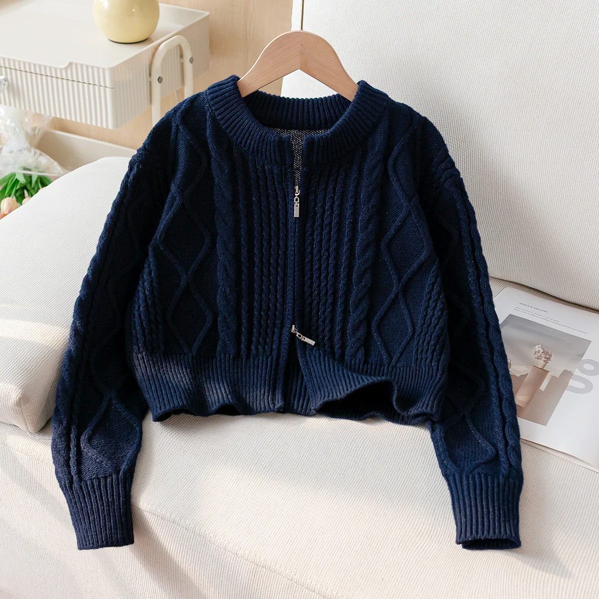 Girls College Style Solid Fried Dough Twists Lingge Long Sleeve Double Head Zipper Sweater Short Knit Cardigan