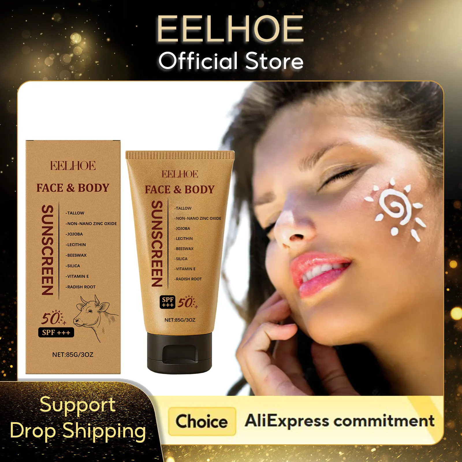 EELHOE Beef Tallow Sunscreen Spf 50 Summer Outdoor Face Sunblock Sun Protection Non Greasy Sunscreen for Sensitive Skin Care 85g