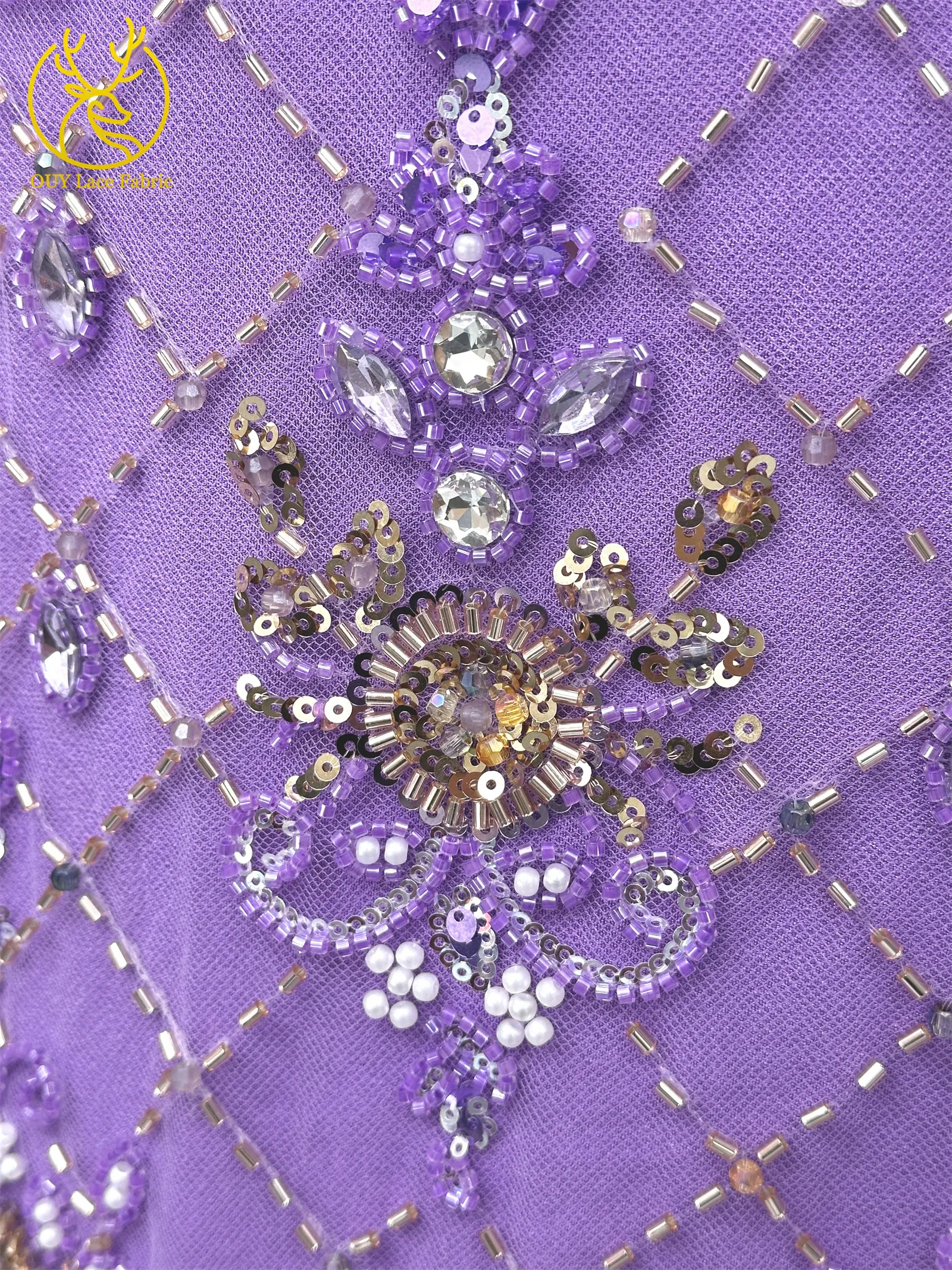 Lila afrikanischer Edelstein-Perlen-Spitzenstoff 2026 Luxuriöser französischer Pailletten-Spitzenstoff für Damen Brautkleid Hochzeitskleid Nähen 5 Yards – Detail 7