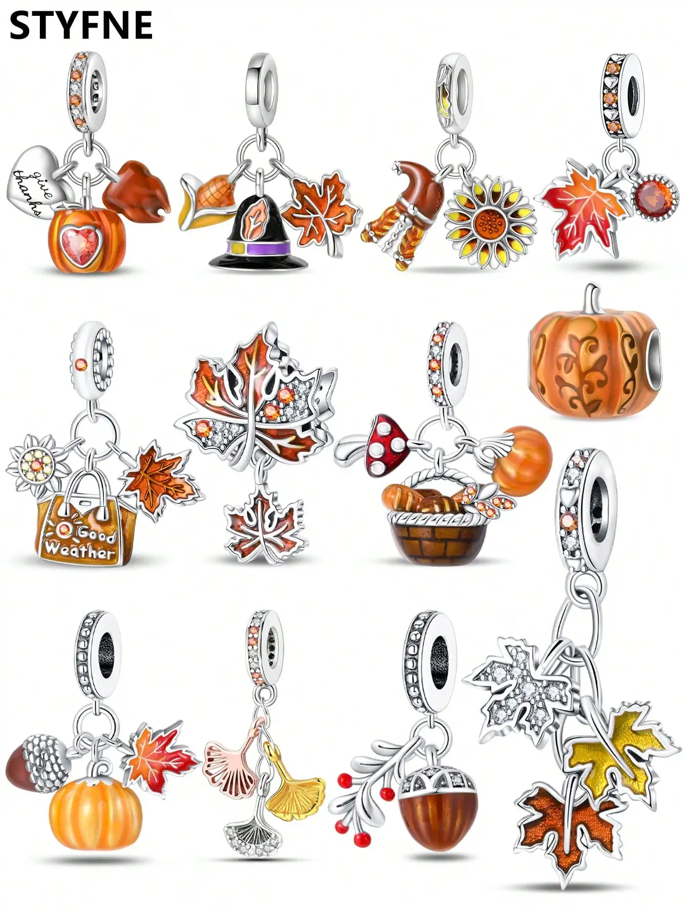 Charms Plata Autumn pumpkin ginkgo mushrooms Beads Silver Plated Fit Silver 925 Original Bracelet for Jewelry Making DIY Charm