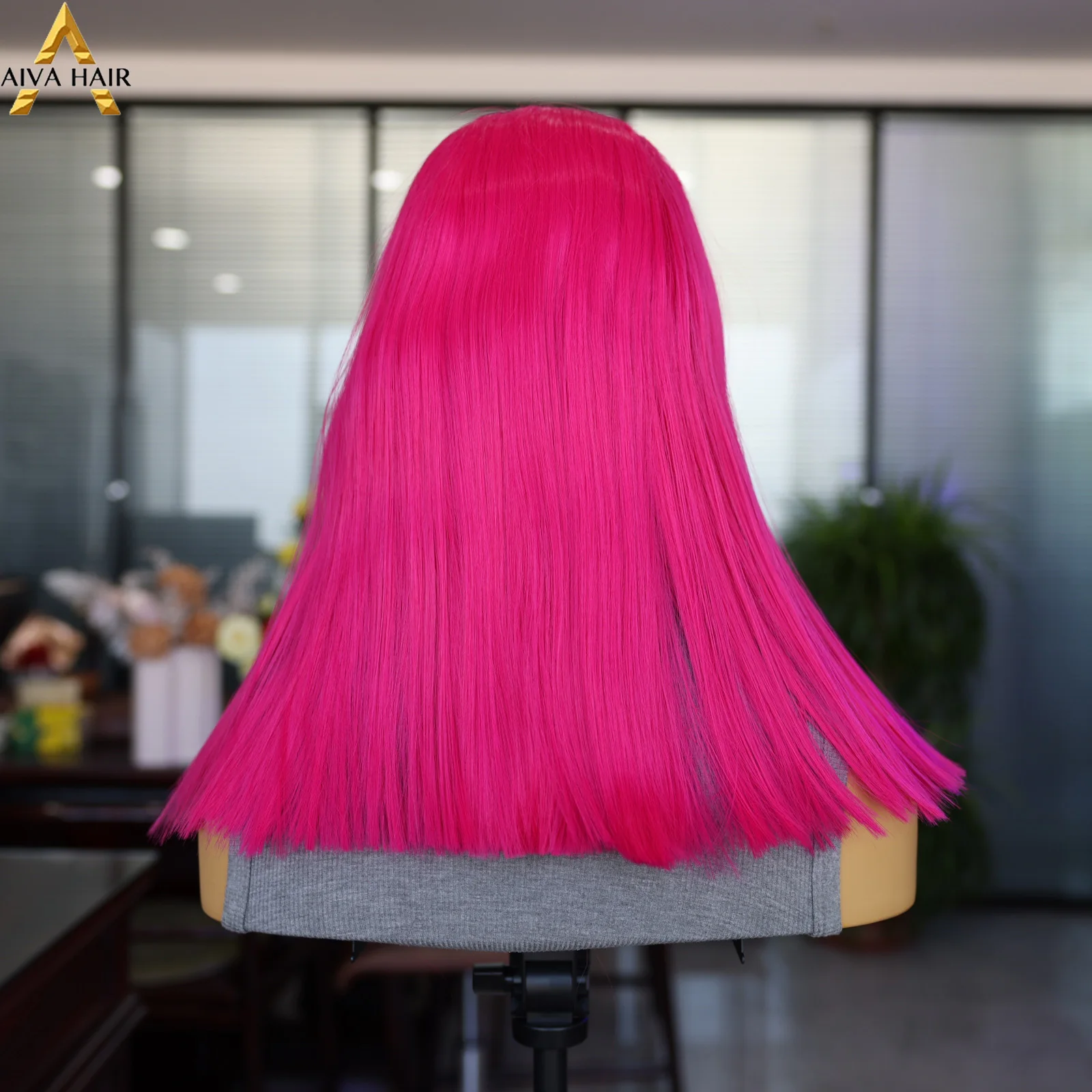 Aiva Pink Red Synthetic 16 Inch Mid-length Wig Fashionable Straight Cosplay Party Wig No Glue Front Lace Mesh Cap Breathable