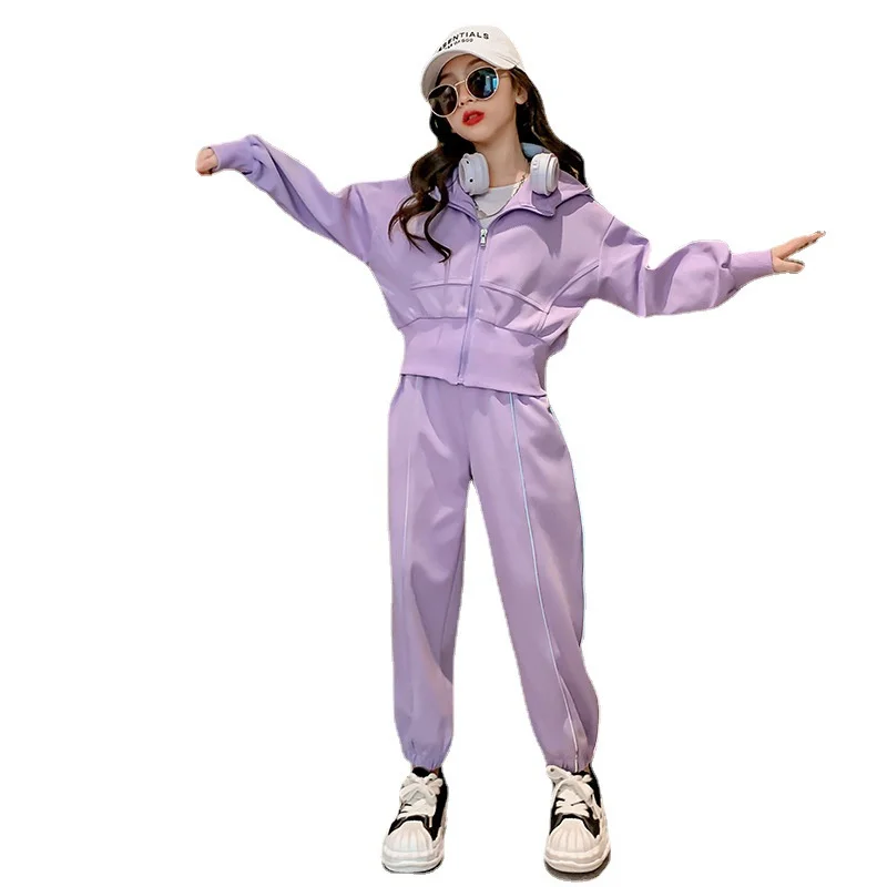 Girls Coat+Pants Kids Suits 2PCS/Set 2023 Violet Spring Autumn Cotton Summer Tracksuit Sport Suits Children Clothing