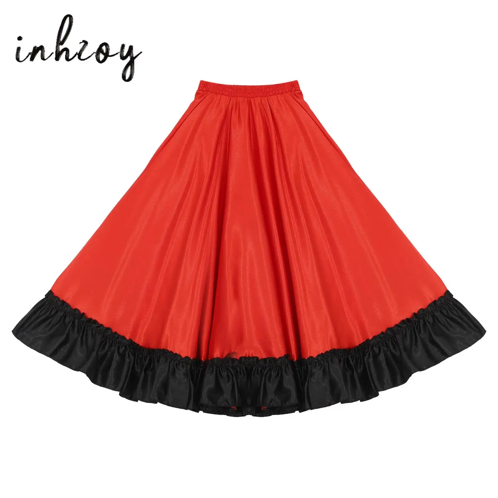 Girls Spanish Flamenco Dance Skirt Solid Satin Ruffle Hem Long Skirts Classic Flamengo Gypsy Dancewear Stage Performance Costume
