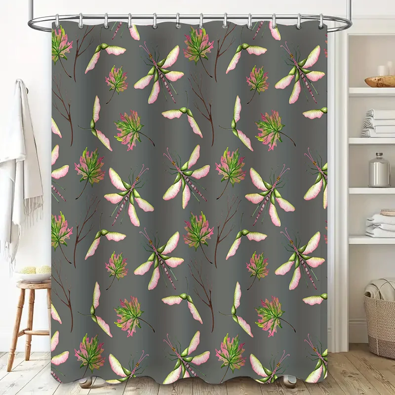 Elegant Floral Shower Curtain Waterproof Bathroom Decor Wall Hanging Home Decoration with Hooks Pink Dragonflies Green Leaves Pa