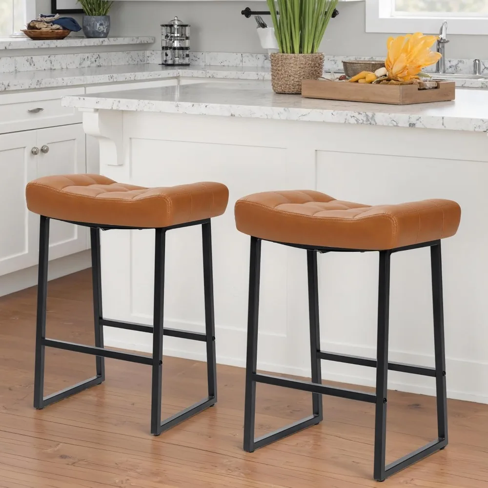 

Modern Bar Stools Set of 2 for Kitchen Counter 24 inch Counter Height Backless Barstools with Upholstered Faux Leather Saddle