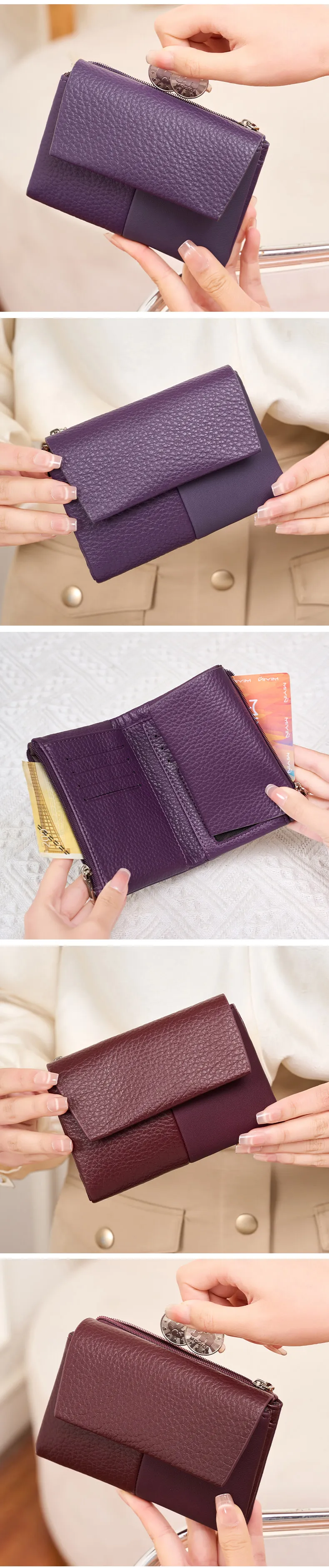 RFID-geschützte Damen-Geldbörse, stilvolle zweifach faltbare Geldbörse mit großer Kapazität, Kreditkartenhalter, Münzbörse, Doppelreißverschluss, Damen-Handtasche – Detail 7