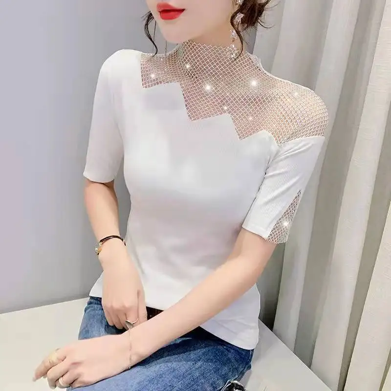 

Elegant O-Neck Spliced Diamonds Hollow Out Blouse Women's Clothing 2023 Summer New Casual Pullovers All-match Office Lady Shirt