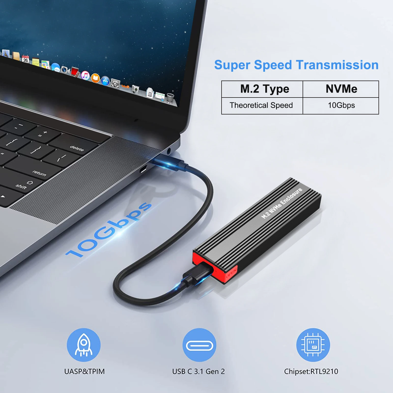 M2 NVMe SSD 인클로저, 10Gbps PCIe SSD 케이스, 휴대용 상자, USB C 3.2 Gen2 도구 무료 외장 어댑터, M.2 SSD용 방열판 패드 포함