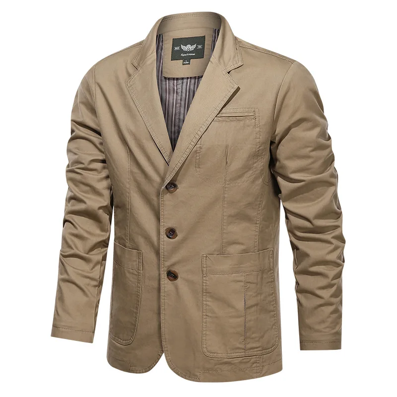 Primavera e Outono Novos Homens Retro Cor Sólida Terno de Negócios Largo Solto Três-breasted Terno Multi-bolso Ocasional Regular Jacket Coat