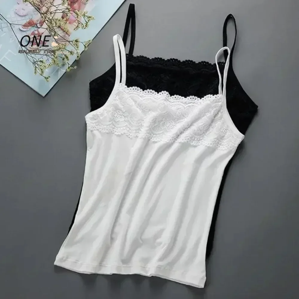 

Women's Floral Lace Trim Slim Camisole Tank Top, Scalloped Spaghetti Strap Stretchy Summer Cami Solid Color Layered 가터벨트