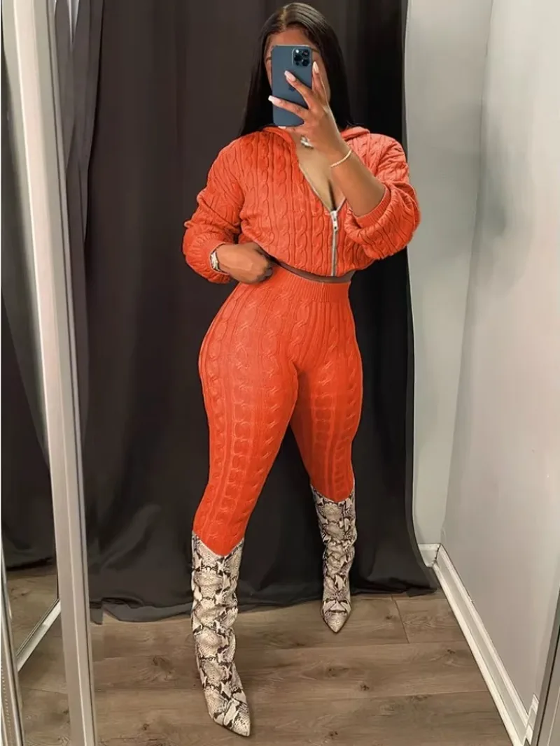 

GUWU Knitted Sweater Two Piece Set Zipper Long Sleeve Hooded Jackets Crop Top Skinny Pants Solid Women Stretchy Tracksuits