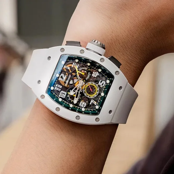 CRONUSART ساعة كرونوغراف للرجال 50 مللي متر Tonneau ساعة يد ميكانيكية أوتوماتيكية مضيئة الياقوت فلوروروبر حزام نوافذ ثلاثية #1