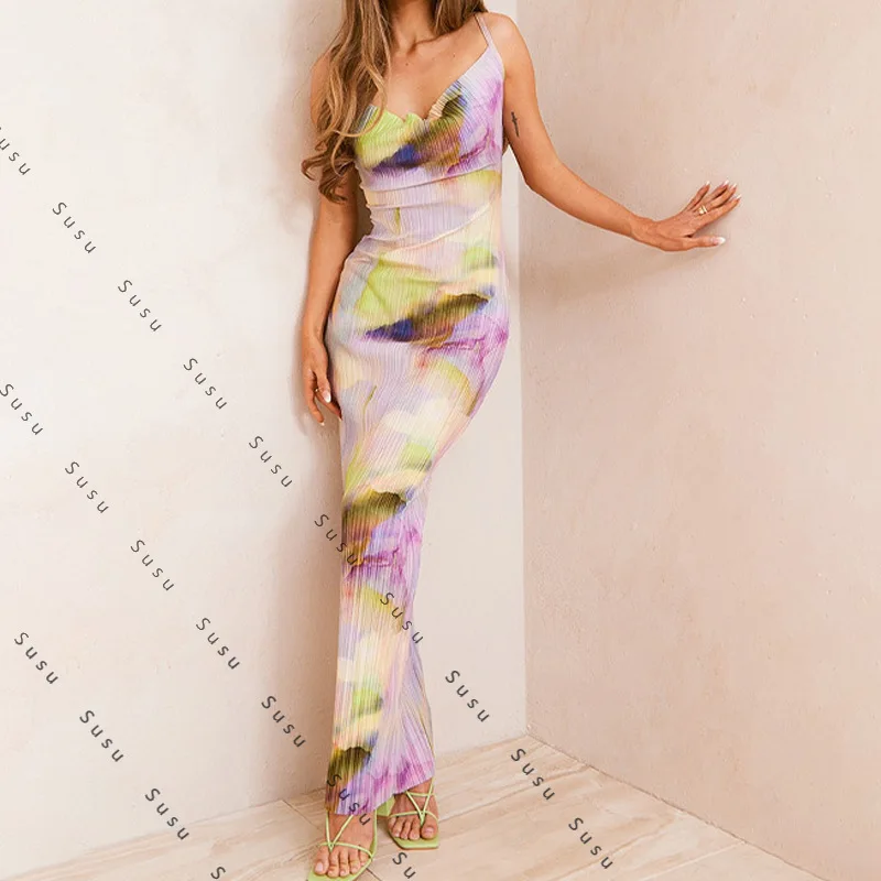 2024 Europa, América y Rusia Amazon popular impresión plisada delgada y delgada vestido con tirantes vestido largo nuevo