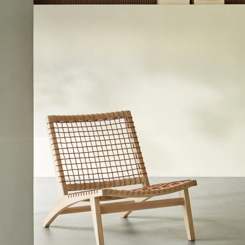 

Digital leisure chair cowhide rope rattan solid wood log wabi sabi single living room