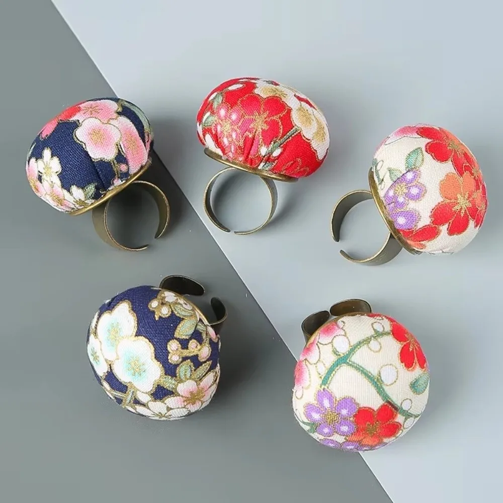 Retro Floral Pattern Finger Ring Pincushion Handmade DIY Pin Holder Adjustable Needle Ring Sewing Quilting Handy