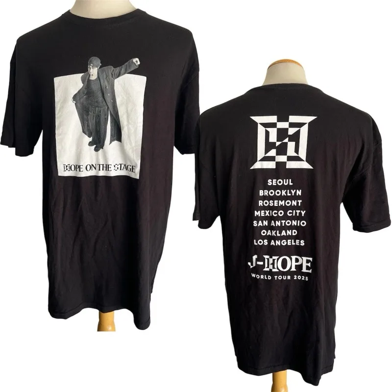 J-HOPE HOPE ON THE STAGE 2025 World Tour Double Sided Printed T-shirt, Merch Unisex Black Short Sleeved T-shirt for Concert