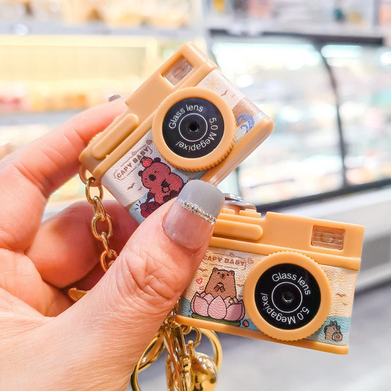 Mini Camera Cartoon Capybara Camera Keychain Creative LED Light Keyring Car Key Holder Backpack Pendant Decoration For Kids Gift