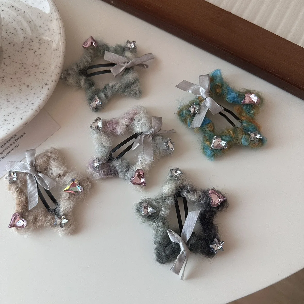 Fluffy Yarn Bow Hair Clip with Rhinestone Stars Blended Color for Bangs Winter Side Snap Non Slip Strong Hold Soft