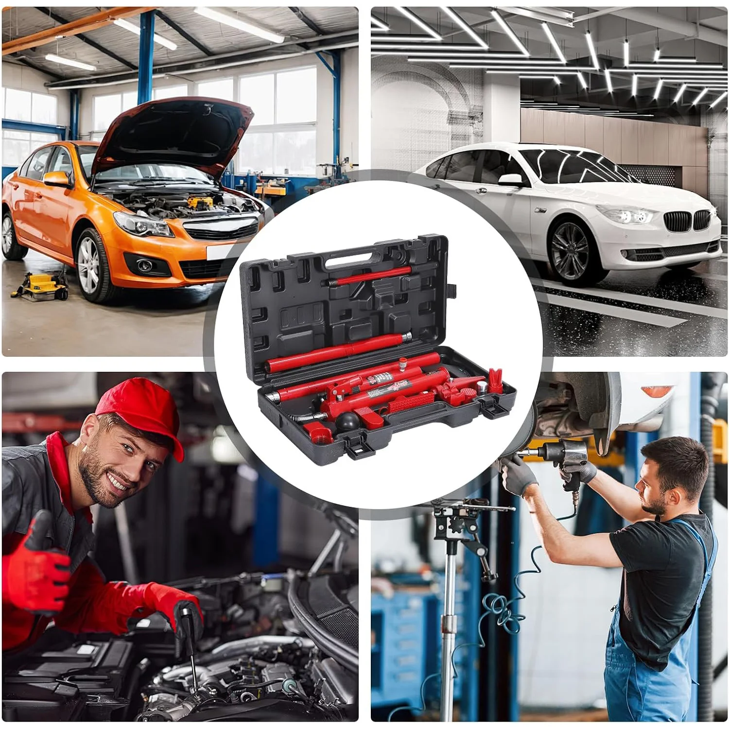 طقم جاك هيدروليكي 10 طن، طقم طاقة بورتا مع مضخة مع خرطوم زيت 4.6 قدم/1.4 متر، جاك هيدروليكي محمول مع حقيبة تخزين