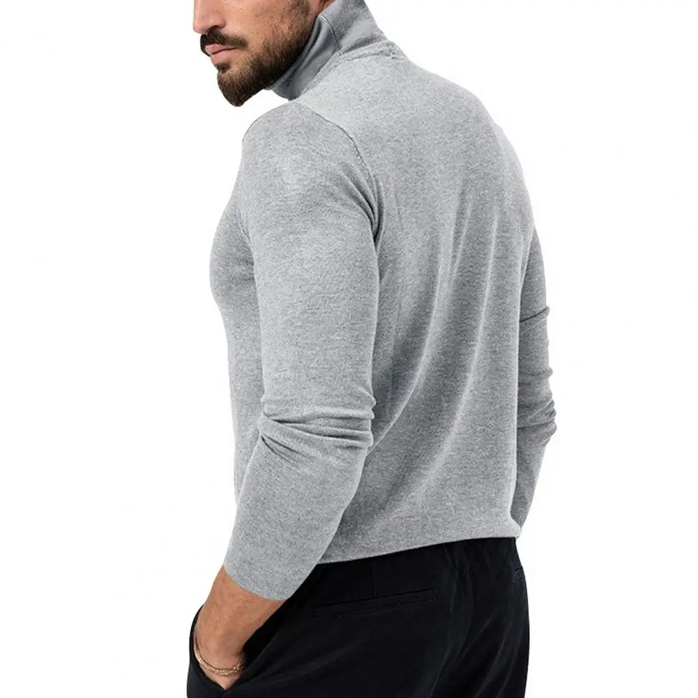 Solid Color Shirt Stylish Men's Winter Knitted High Collar Pullover Thickened Slim Fit Elastic Mid Length Top for Casual