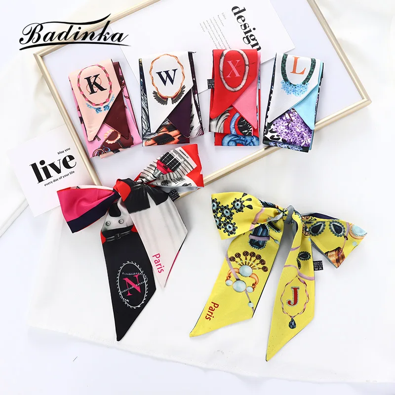 2022 New Designer Initial Letter Printed Silk Hair Bandana Scarf Tie Women Vintage Long Skinny Bag Accessories Scarfs for Ladies