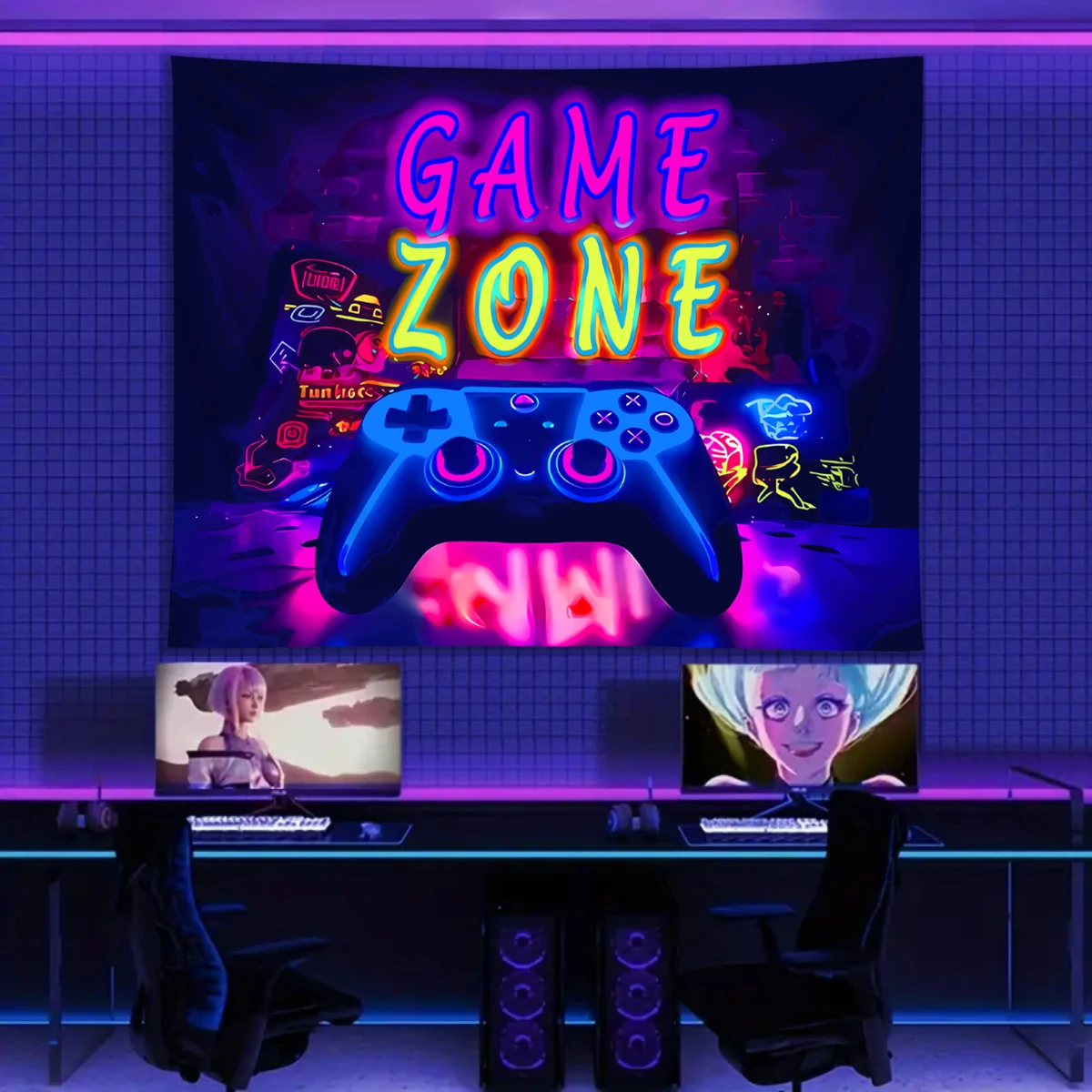 1pc Punk style Game fluorescent tapestry, UV reactive tapestry, boys' esports room decoration neon light effect tapestry