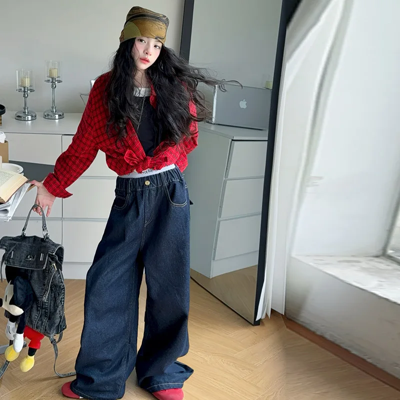 

Jeans Shirt Two-piece Set Vintage Red Plaid Long-sleeve Shirt Grils Children Fashionable Cool Casual Loose Korean Solid