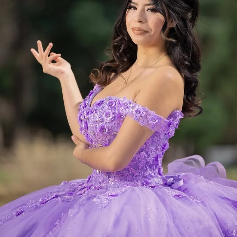 Customized Shiny Lavender Purple Off Shoulder Quinceanera Dress Lace applique crystal 3D flower vestidos de 15 Quinceanera