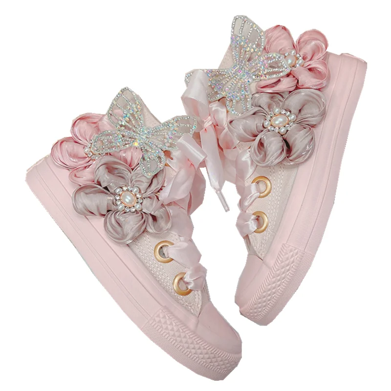 

Sweet Strap Canvas Shoes Fairy Pink Fantasy Flower Water Diamond Flat Sole Single Shoes