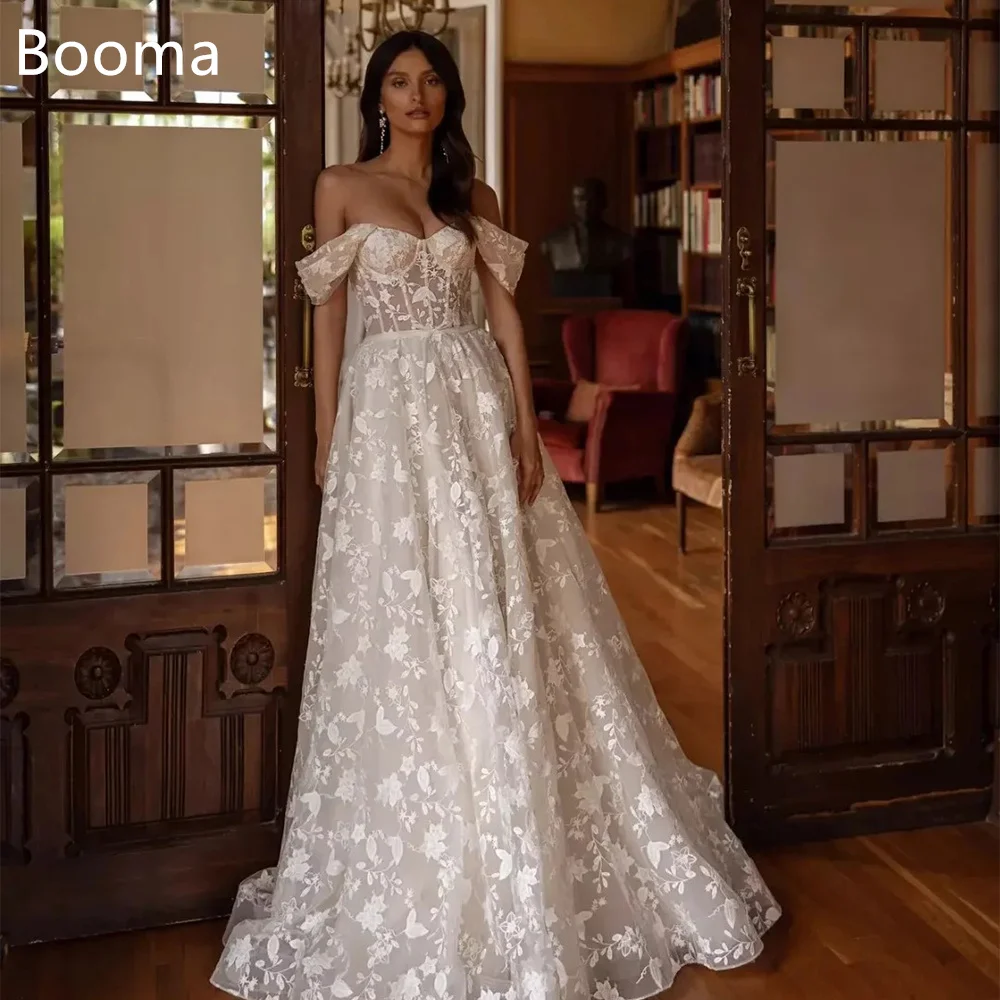 Booma a-line قبالة الكتف عاجي دانتيل زينة فساتين زفاف أنيقة بدون أكمام فستان عرائس طويل مصنوع حسب الطلب 2025