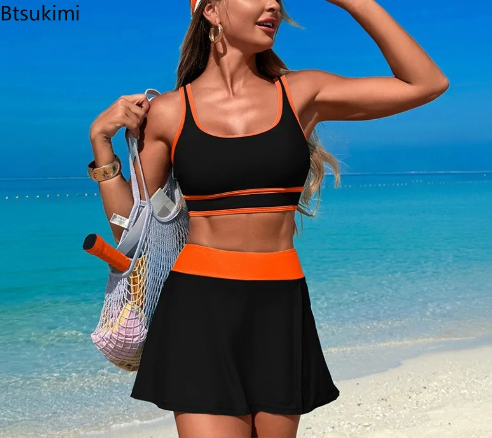 2025 Sporty Swimsuit Women Two Pieces High Waist Beach Dress Solid Swimwear Female Bathers Bathing Swimming Swim Suit Beachwear