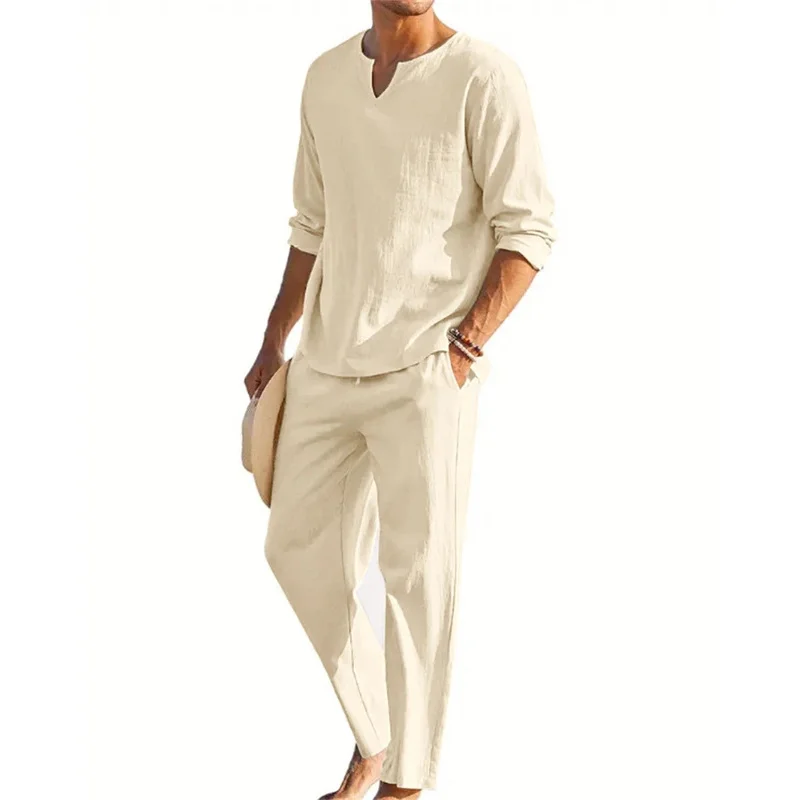 2024 2pcs Set Men's Shirt and Pants Suits for Men Small V-neck Beach Wear Tracksuit Solid Color Shirts Sweatpants Hawaiian Vacat