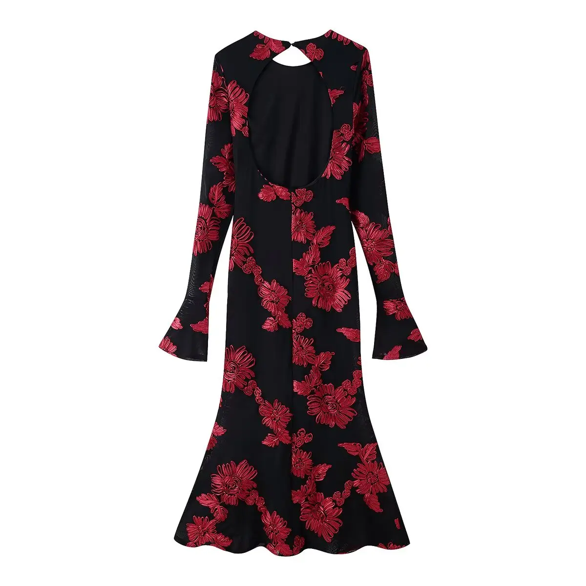 Ele Long Sve Bal Slim Fit Dr Floral Embroidery 3D Peony Women's Faion Autumn Season Zipper Closure Gown