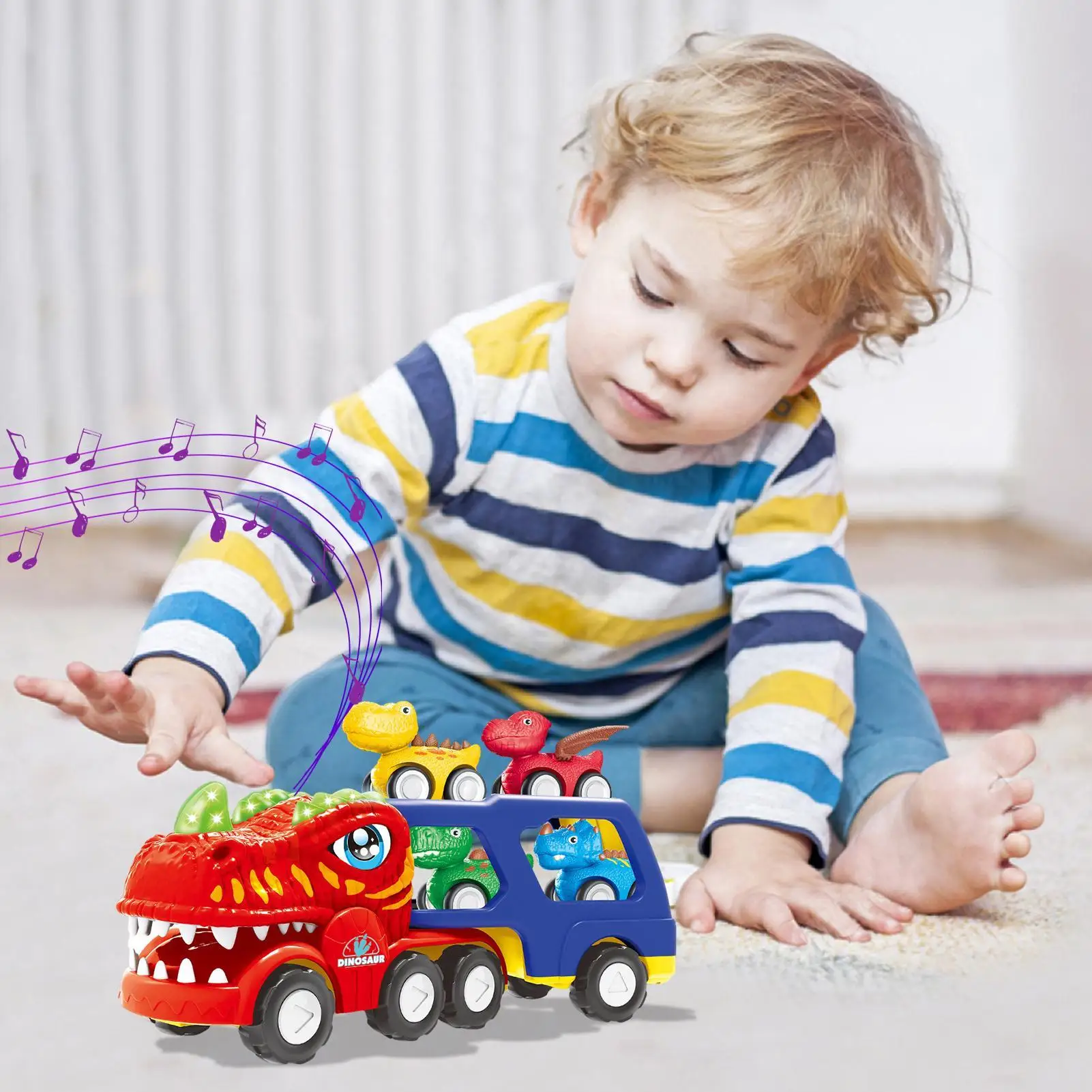 

Dinosaur Truck With Cars Light Up Electric Kids Truck Toy With 4 Pull Back Cars Birthday Party Dinosaur Transport Carrier For