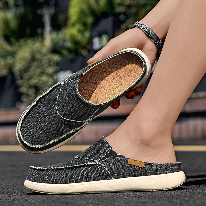 

2026 Summer Men Half Shoes Casual Canvas Shoes Big Size 47 Dropshipping Zapatos Lightweight Comfortable Mules For Men Slippers
