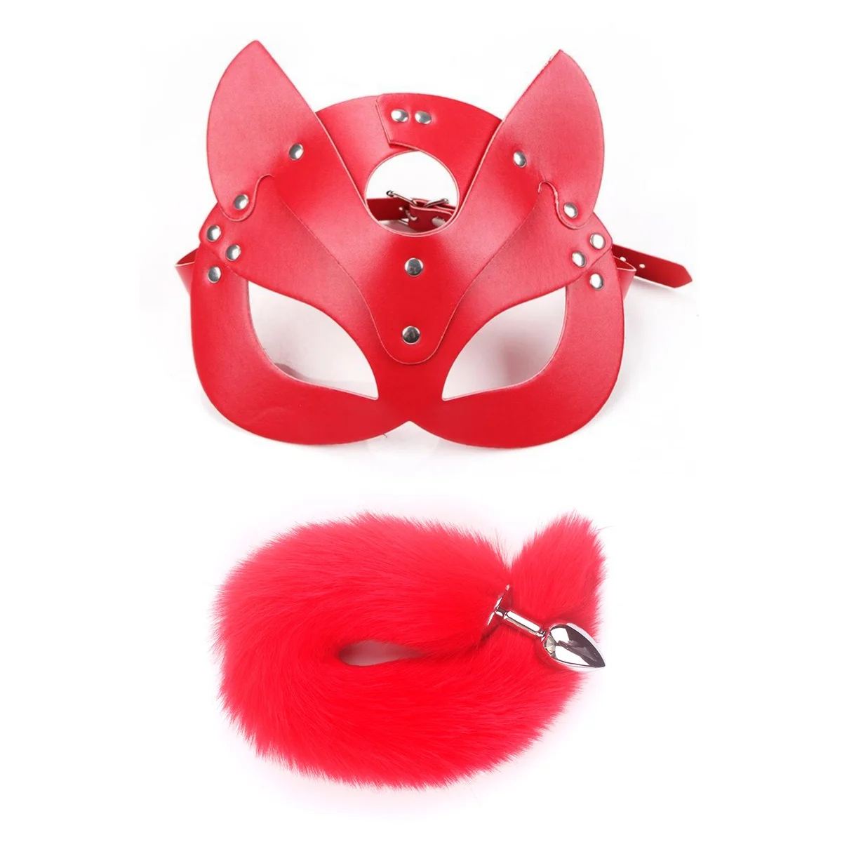 Kobiety Cosplay Sex Toy of Leather Fox Half Cat Mask Metal Anus Butt Plug Tail Anal Plug for Sexy Adult Mask Game Exotic Accessory