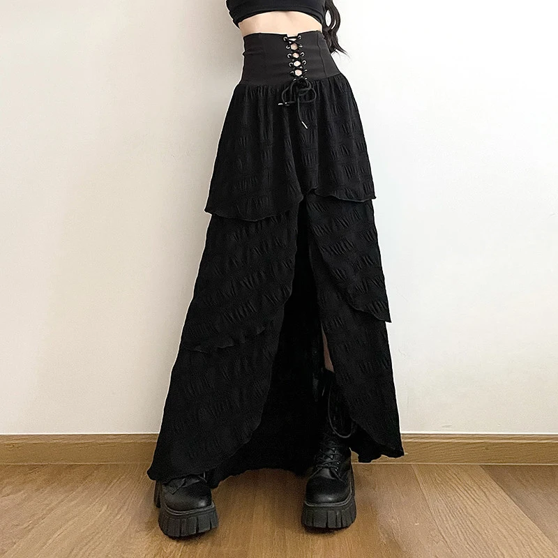 MEXZT Y2K Black Split Long Skirt Women Harajuku Gothic Bandage Irregular Maxi Skirts Summer Vintage Grunge Design A Line Faldas