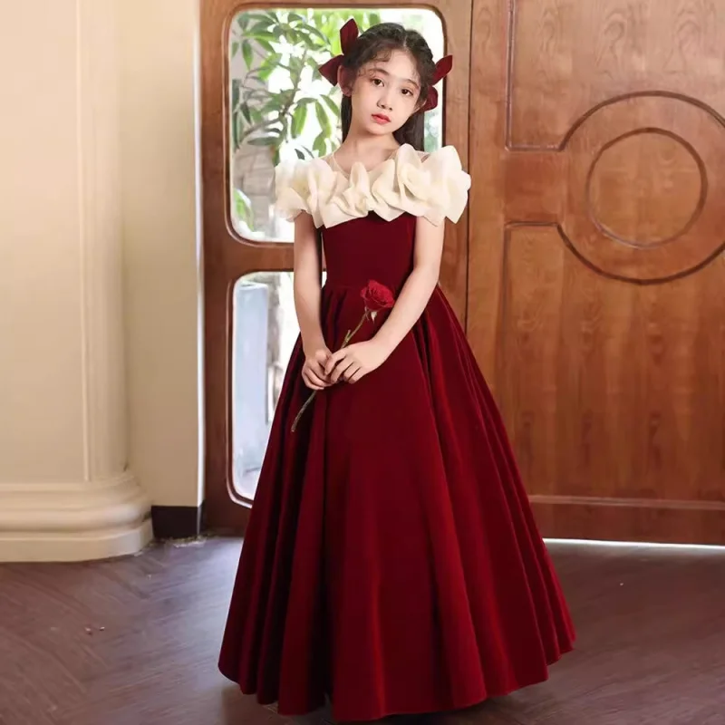 Girls' Red Off-Shoulder Flower Girl Dress for Little Girls' Birthday Princess Dress Children's Host Piano Performance Dress