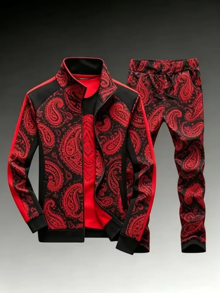 

Men's 2-Piece Paisley Print Tracksuit Sports Zip-Up Jacket & Elastic Waist Jogger Pants Set All-Over Retro Pattern Loungewear