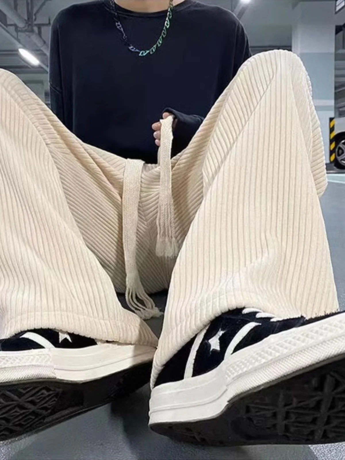 

Мужские свободные широкие брюки очень большого размера, весенне-осенние тонкие вельветовые повседневные длинные брюки, удобный дизайн с эластичной резинкой на талии